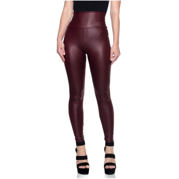 Luxe Vegan Leather Burgundy High Waist Tummy Control Leggings - Picture 2 of 3